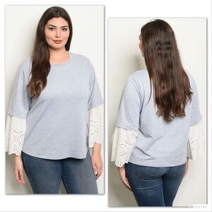 Sweatshirt Top with White Eyelet Bell Sleeves